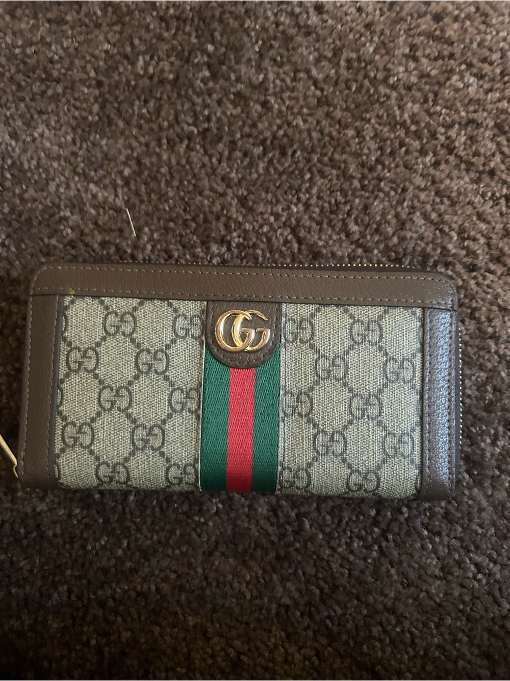 Gucci GG Supreme Canvas Zip Wallet in Brown with Green and Red Web